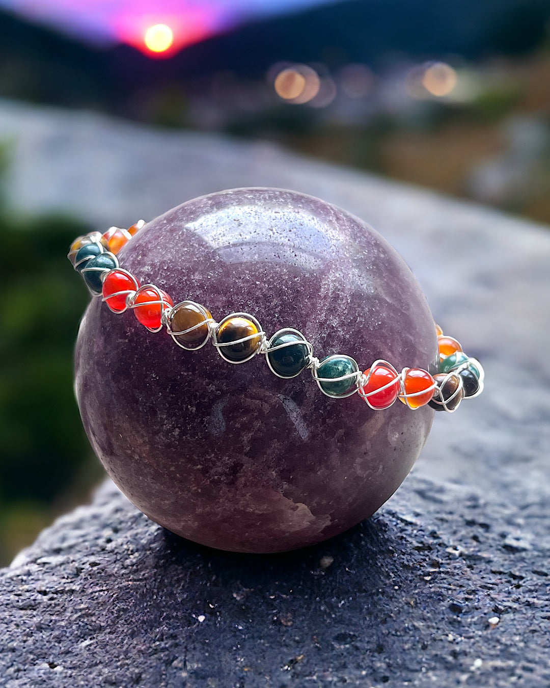 Carnelian Tigers Eye Moss Agate Wire Wrap Bracelet