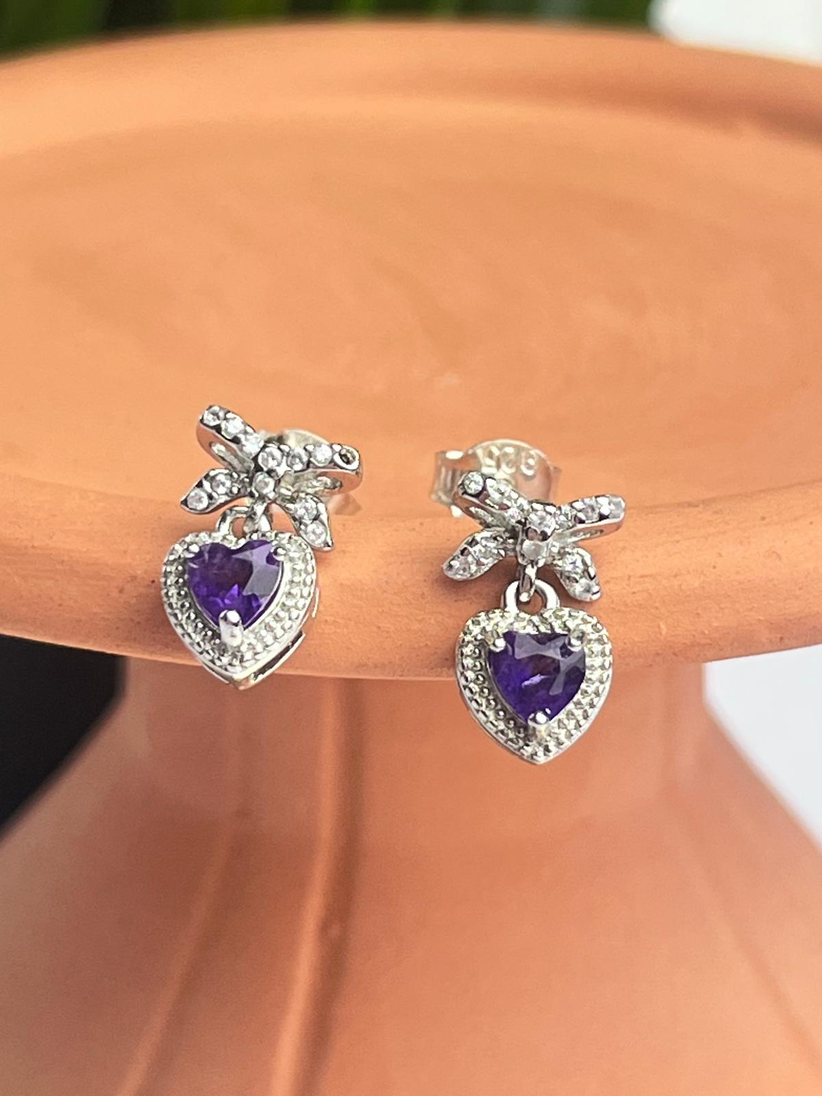 Sterling Silver Amethyst Dangle Heart Earrings