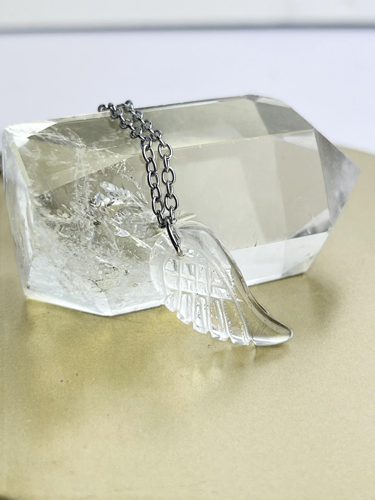 Stainless Steel Clear Quartz Wing Necklace